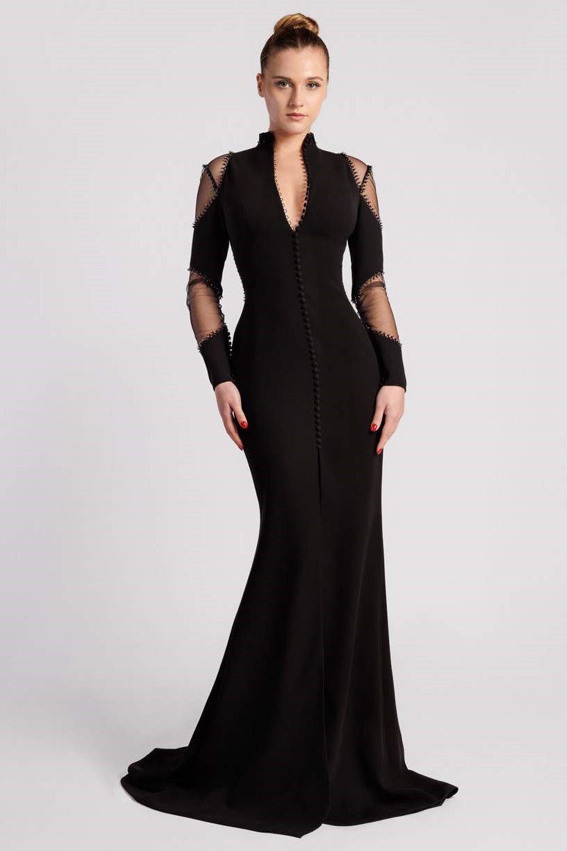 Crepe and Tulle Long Sleeve Mermaid Gown