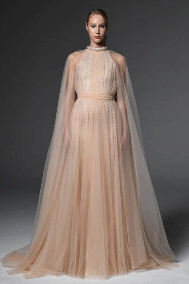Crystal Studded Gown with Layered Tulle