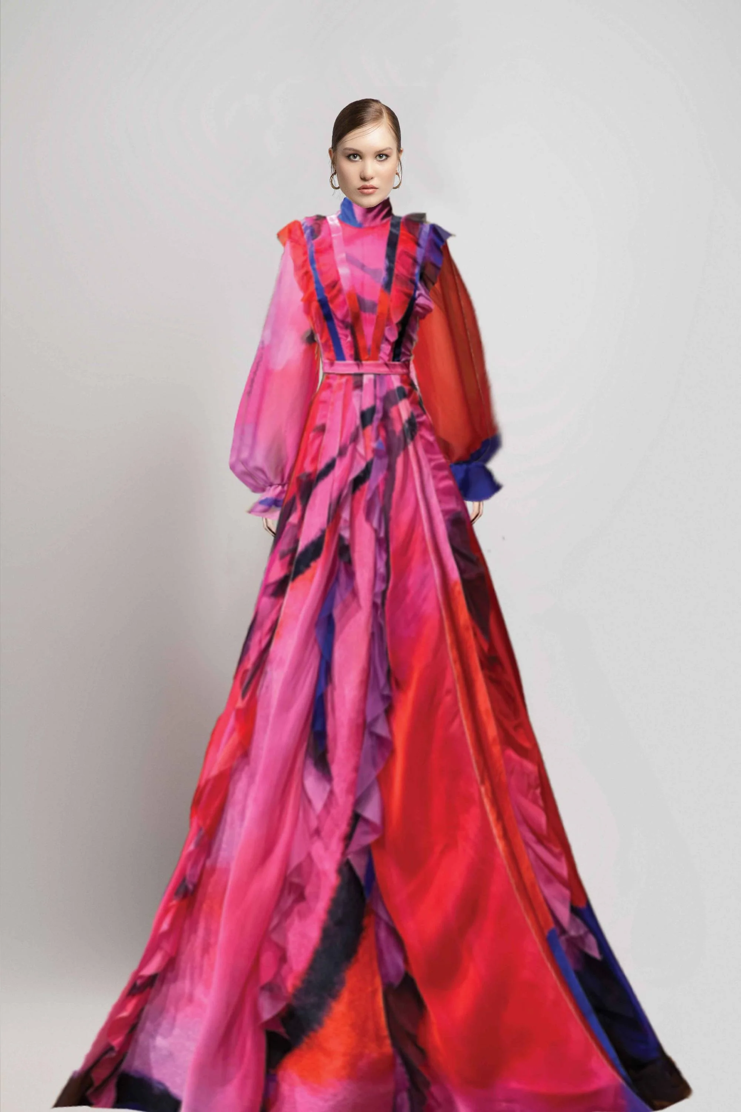 Ruffled Long Sleeve Print Gown