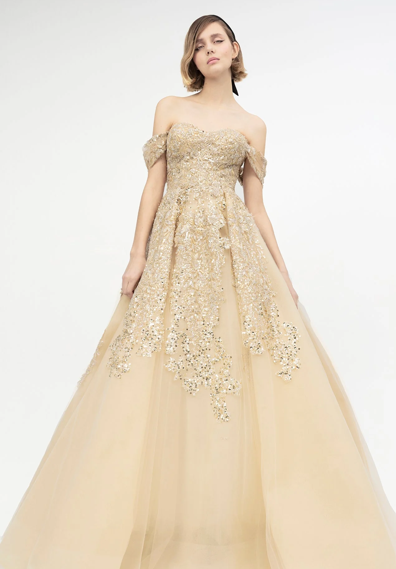 Banded Sleeve Off Shoulder Gown