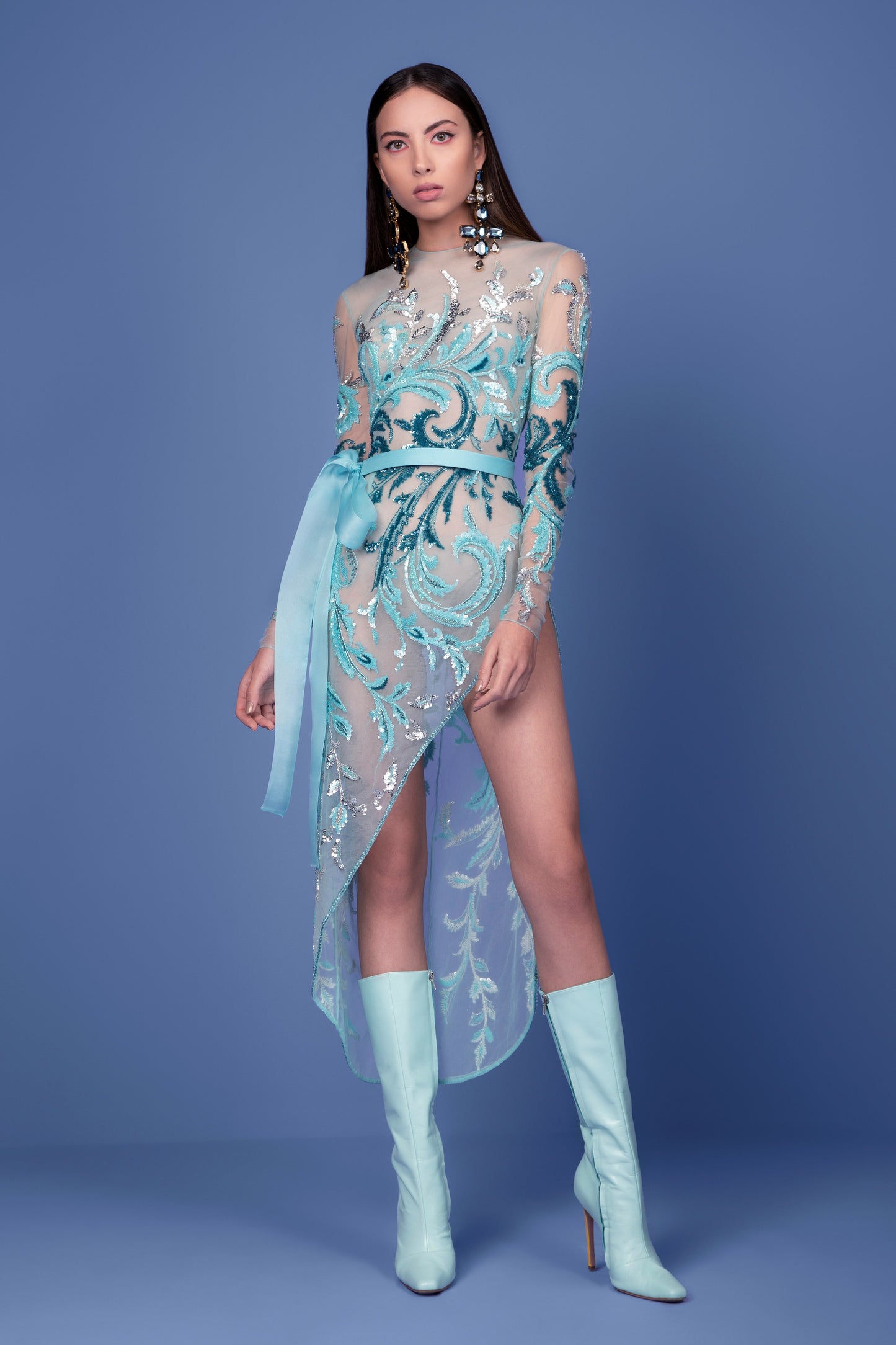 Long Sleeve Asymmetrical Beaded Tulle Dress