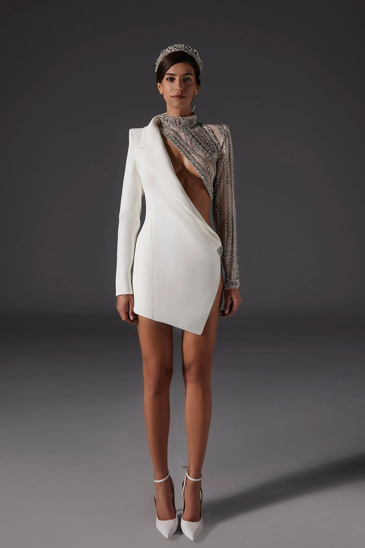 Semi-Embroidered Asymmetrical Short Dress