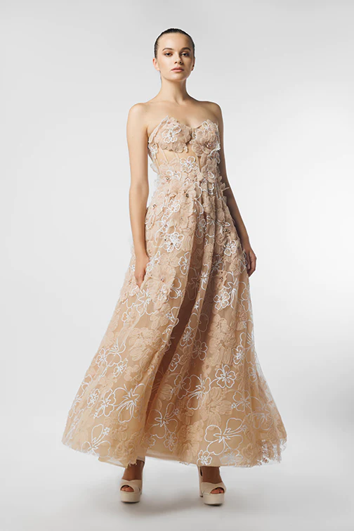 Strapless Floral Tea-Length Gown