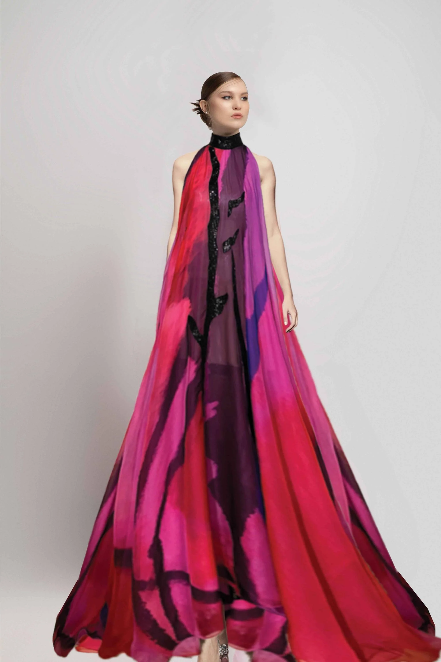 Sleeveless High Neck Print Gown