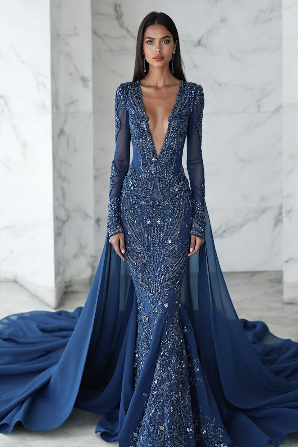 Long Sleeved Plunging Gown