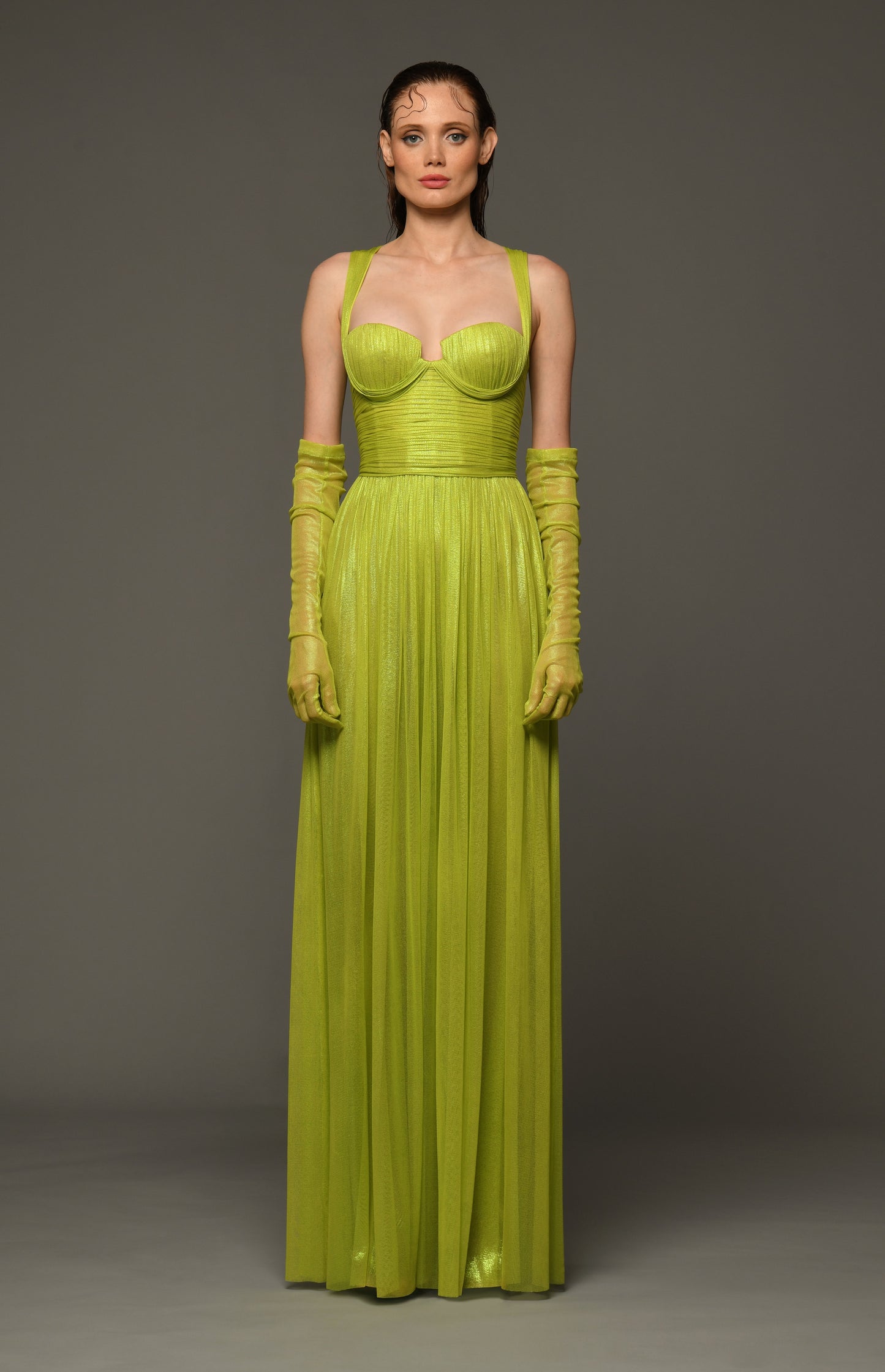 Sleeveless Draped Silk Foiled Tulle Gown