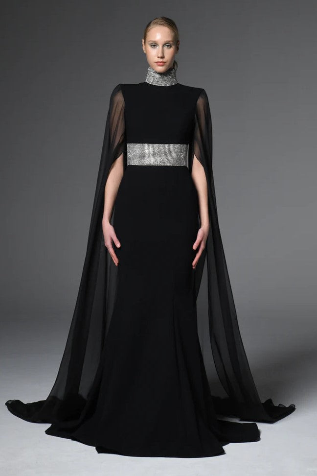 Cr?pe Gown with Chiffon Sleeves