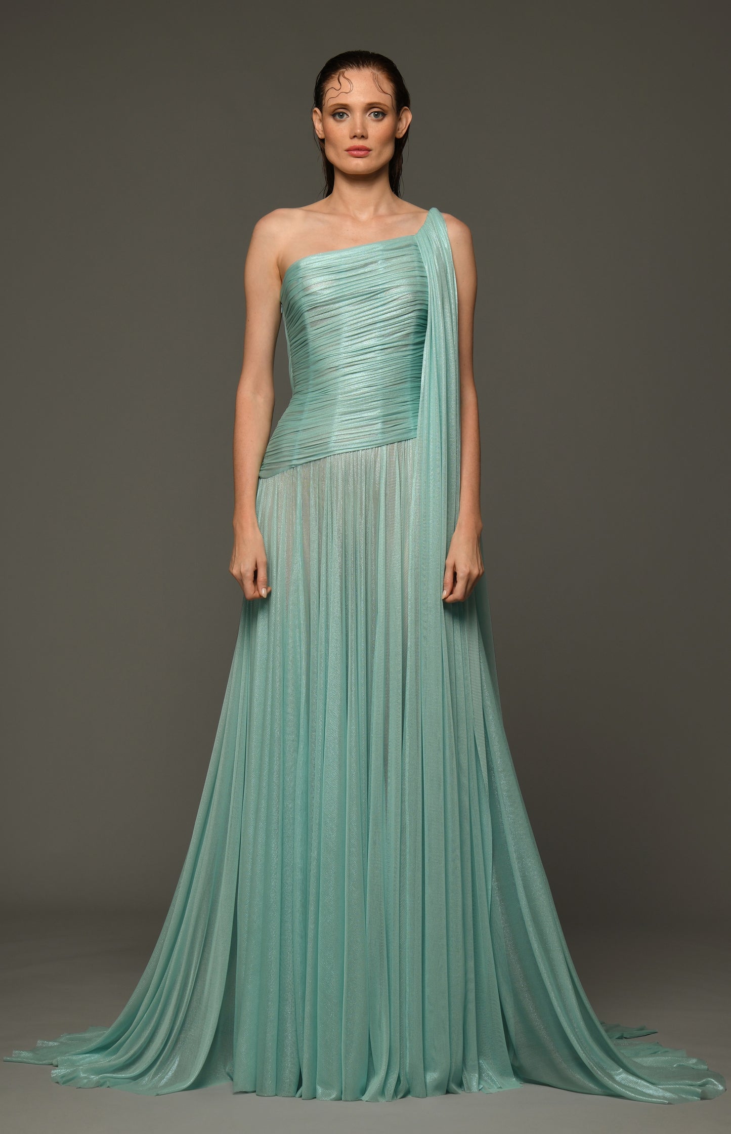 Draped Silk Foiled Tulle Gown with Chain Corset