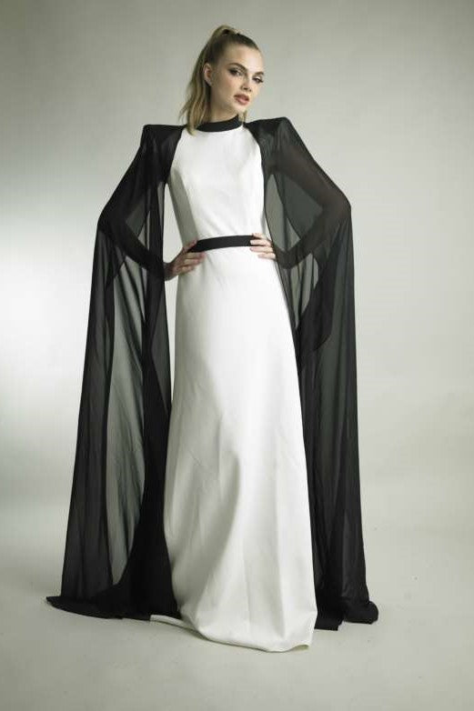 Long Sleeve Capelet Mock Neck Gown