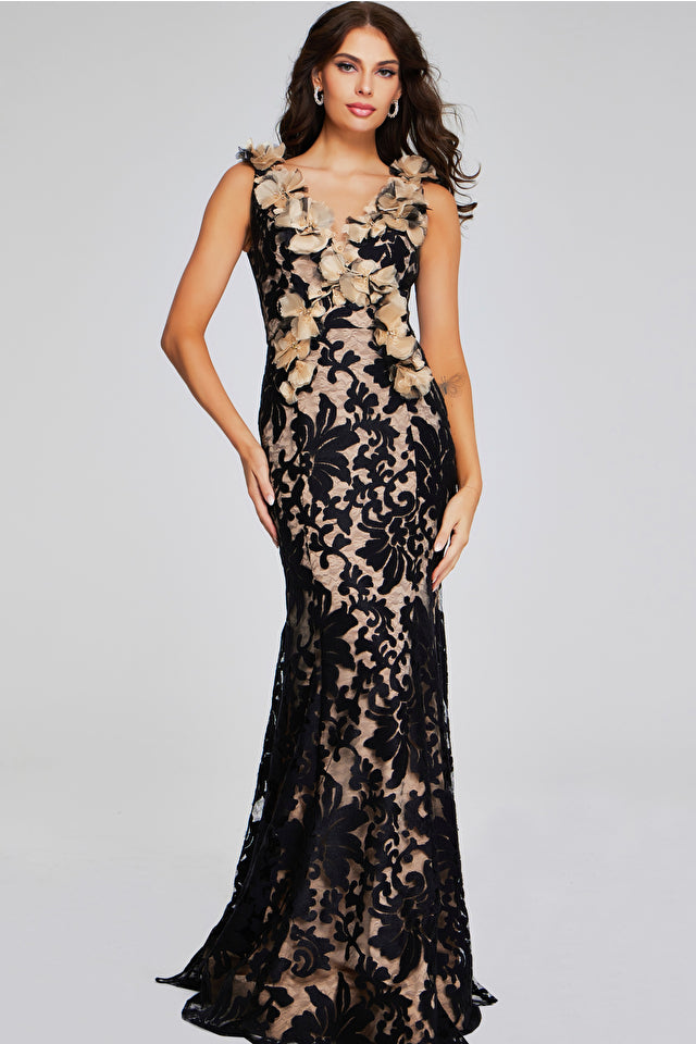 Black and Nude Floral Gown