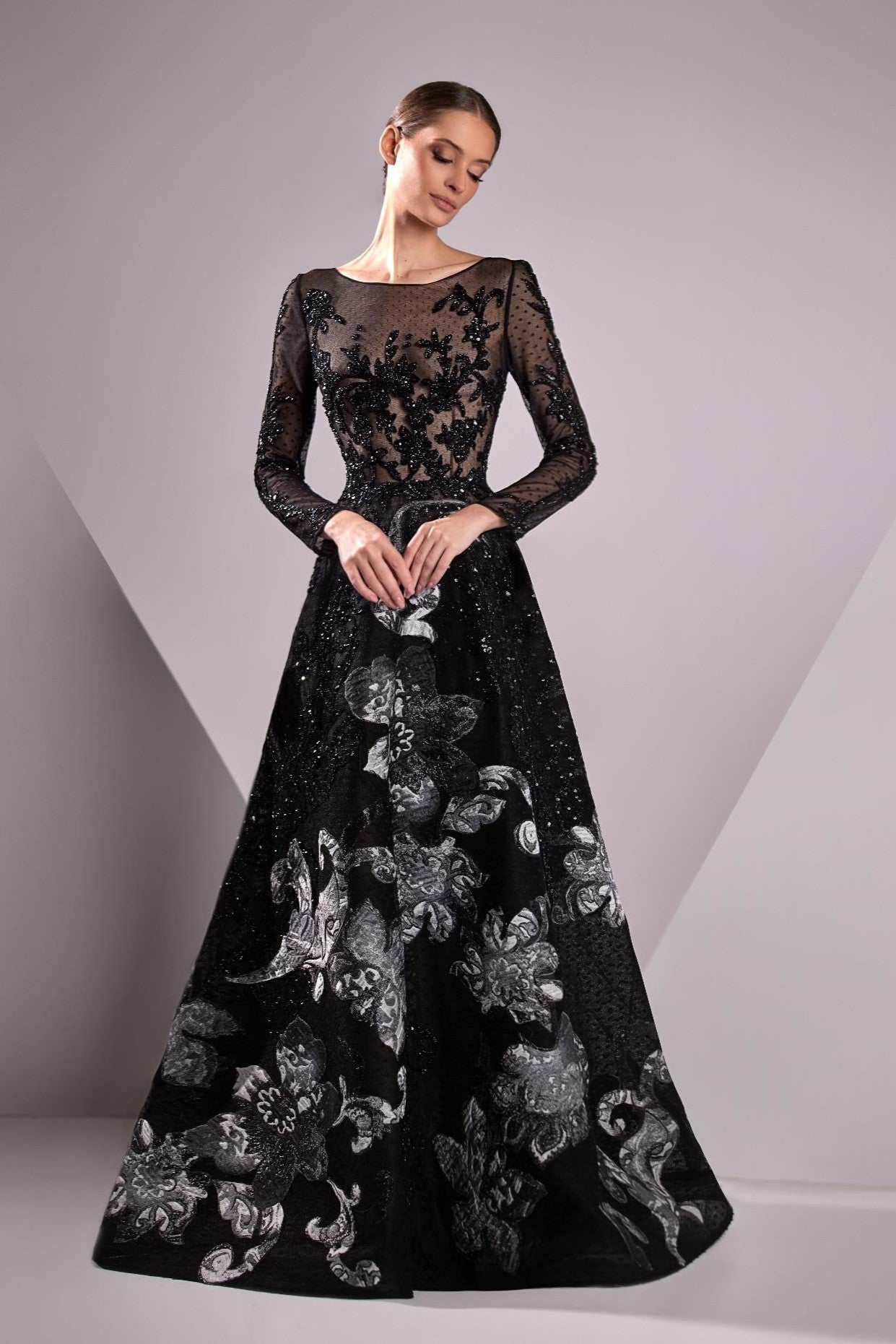Tulle Embroidered Long Sleeve A-Line Gown