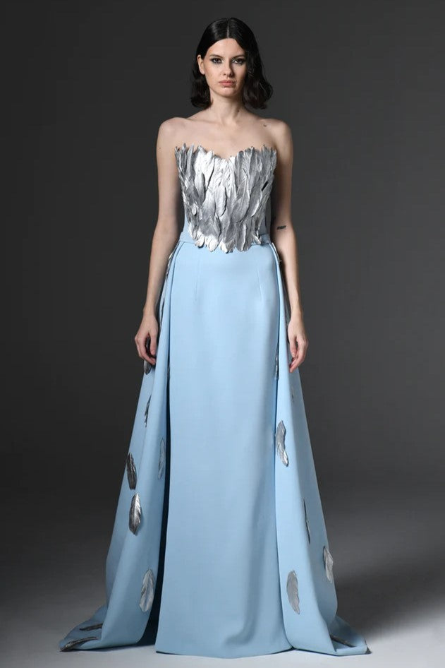 Crepe Gown with Feathers on Bustier