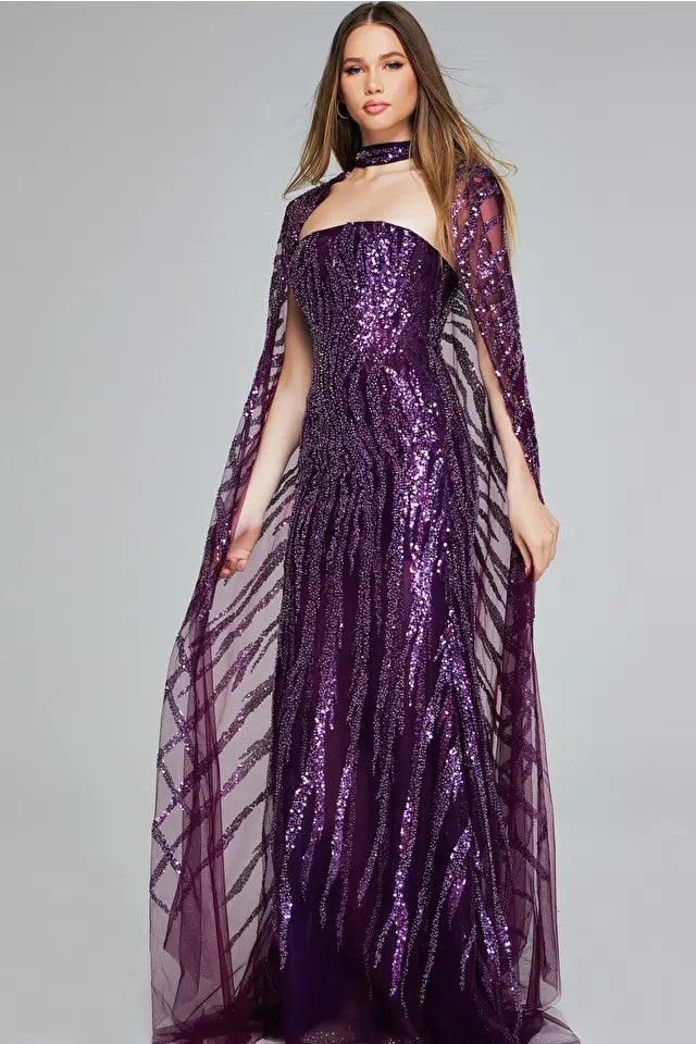 Sequin Gown with Dramatic Cape