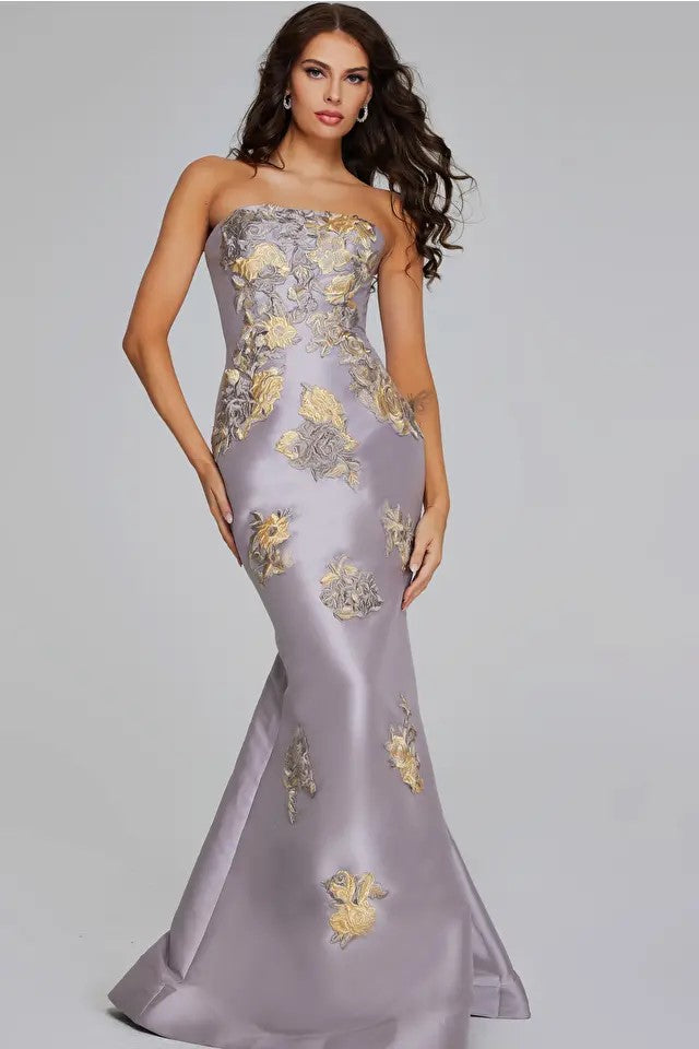 Strapless Gown with Floral Embellishments