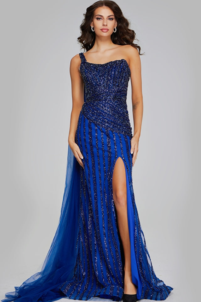 One Shoulder Slit Gown with Beaded Details