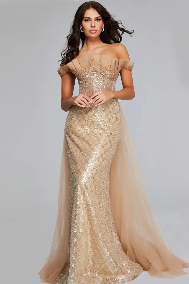 Off Shoulder Sequin Gown with Watteau Train