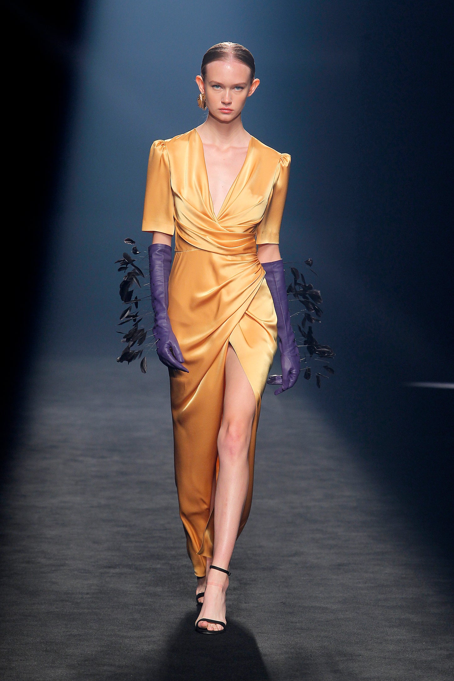 Caccamo Short Sleeve Deep V-Neck Slit Gown