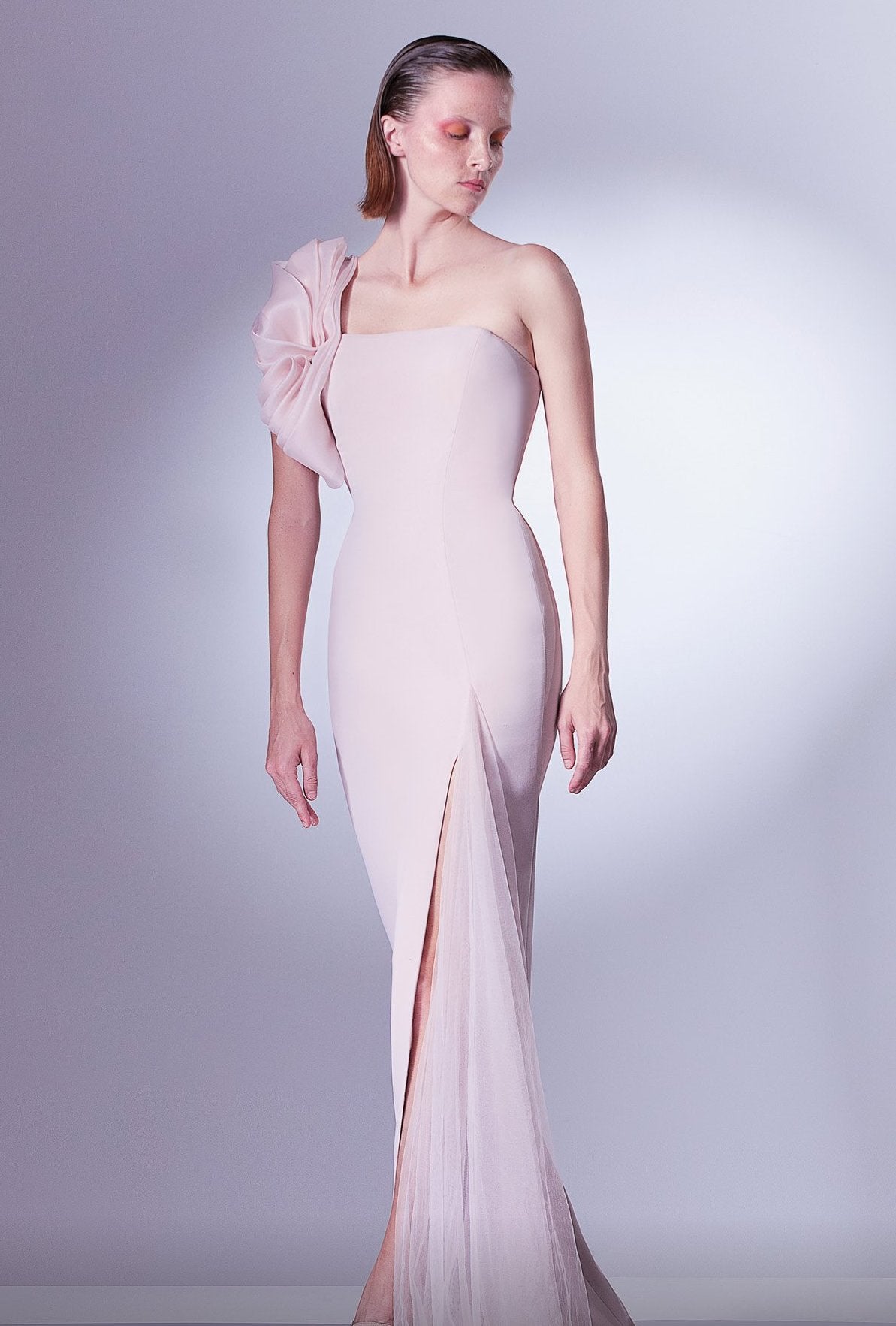 Ruffled One Shoulder Slit Gown