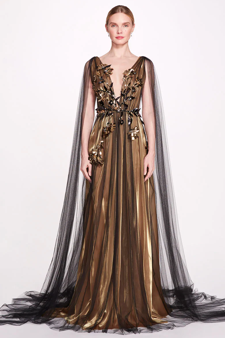 V-Neck Gold Satin Organza Gown