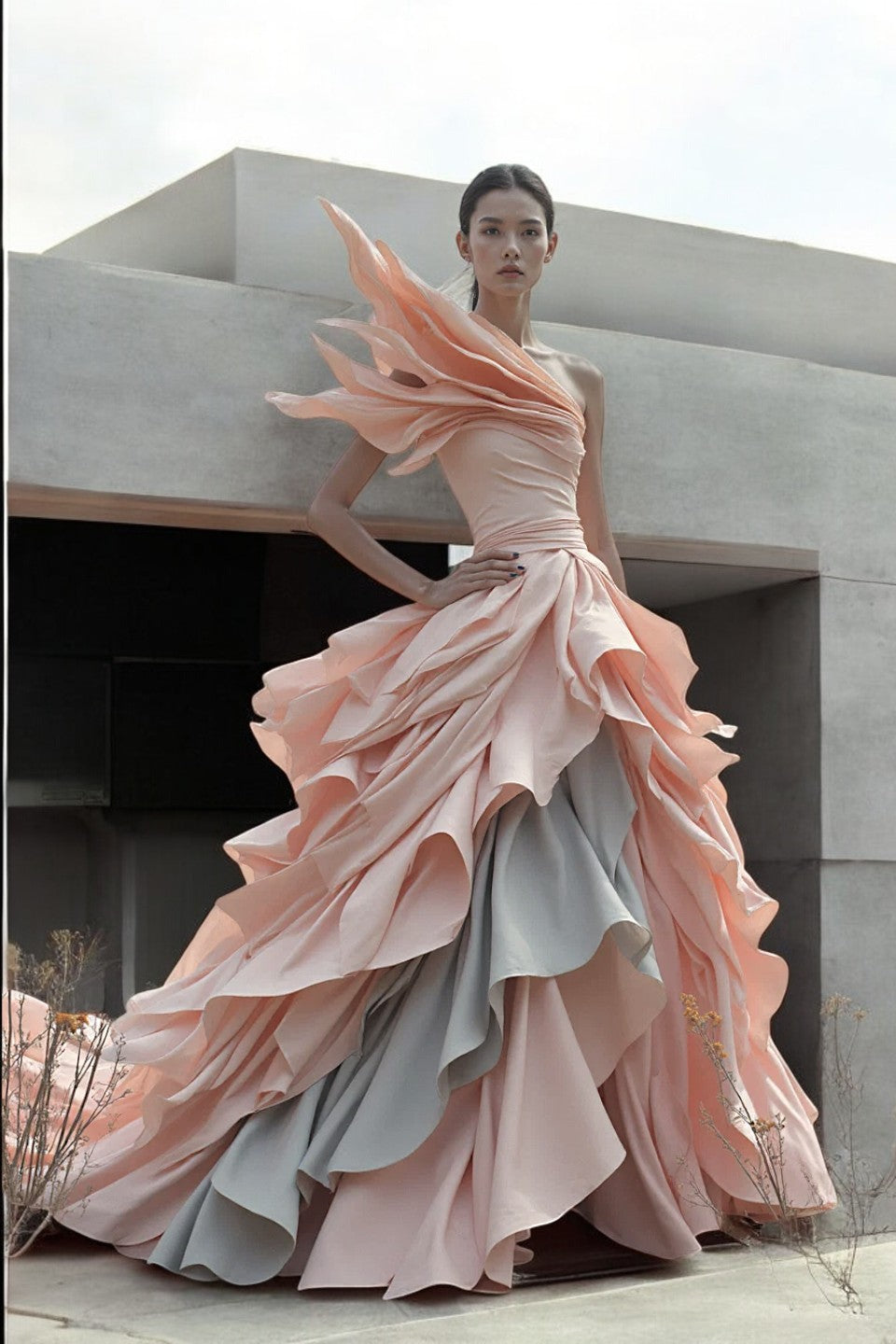 Cascading Ruffled One Shoulder Gown