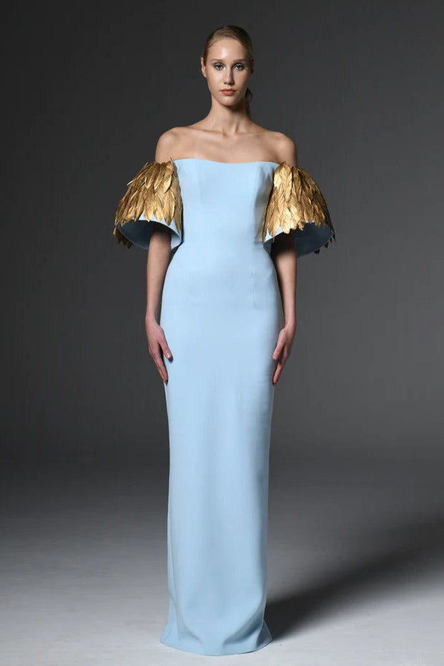 Cr?pe Gown with Feathers on Sleeves