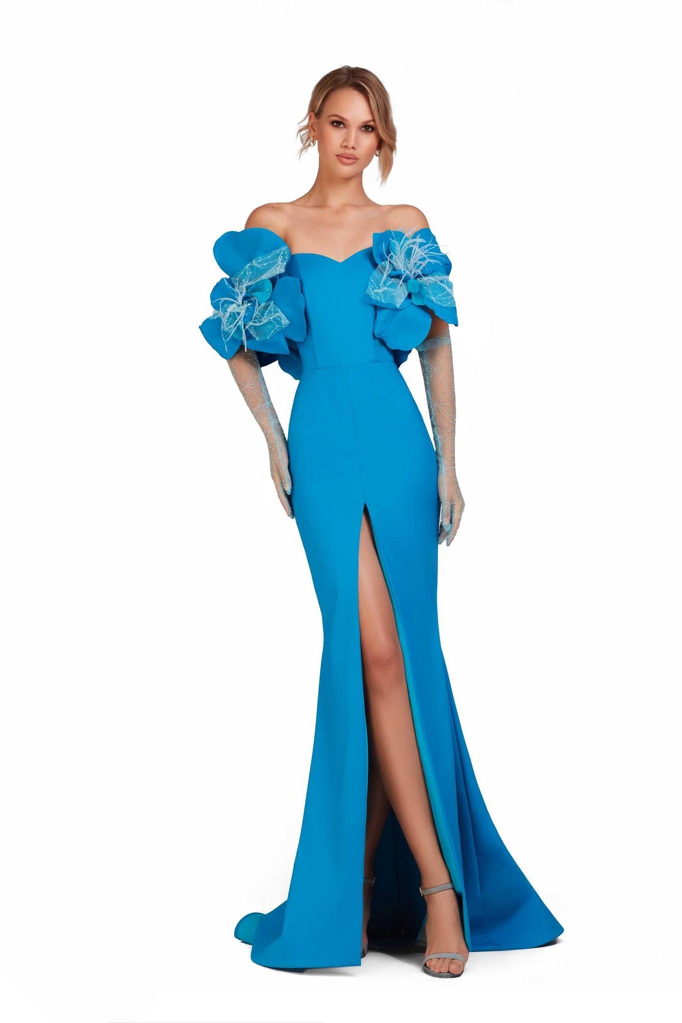 Off Shoulder Floral Sleeve Flared Gown