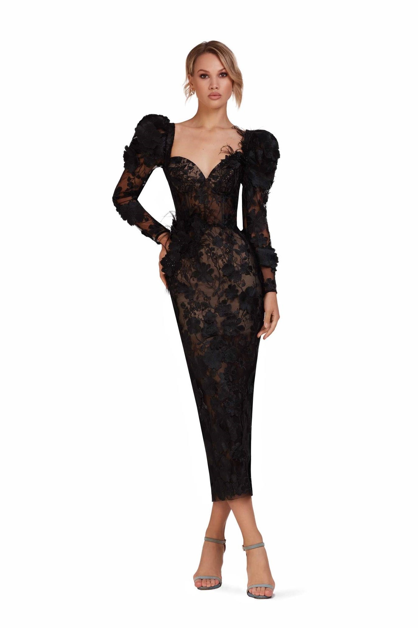 Long Sleeve Sweetheart Neck Midi Dress