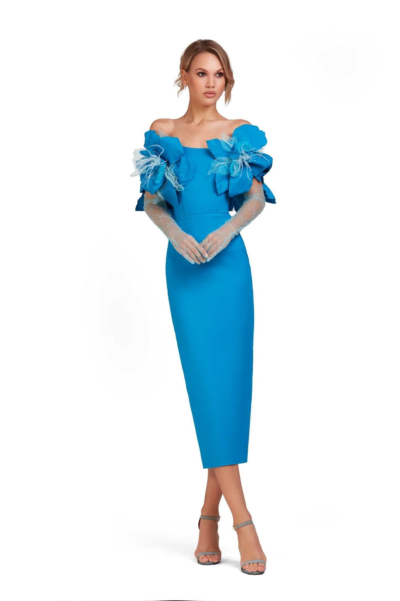 Off Shoulder Floral Sleeve Midi Dress