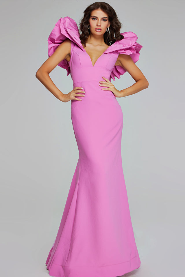 Flared Gown with Ruffled Shoulders