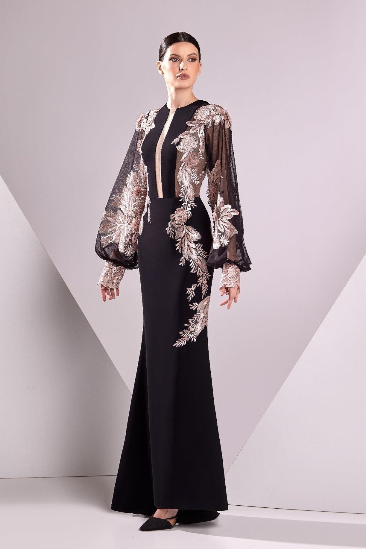Crepe and Lace Long Sleeve Gown