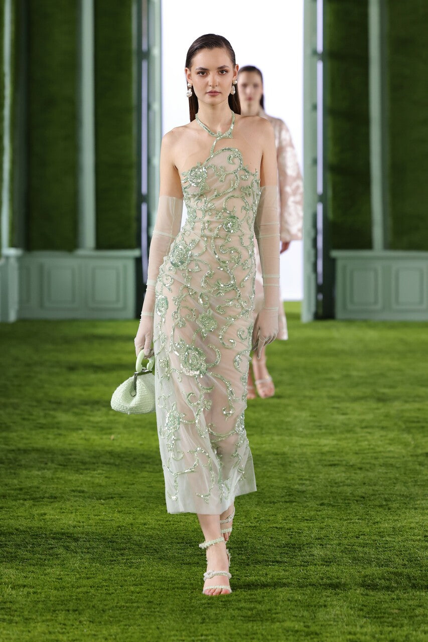 Beaded Tulle Dress with Halter Neck