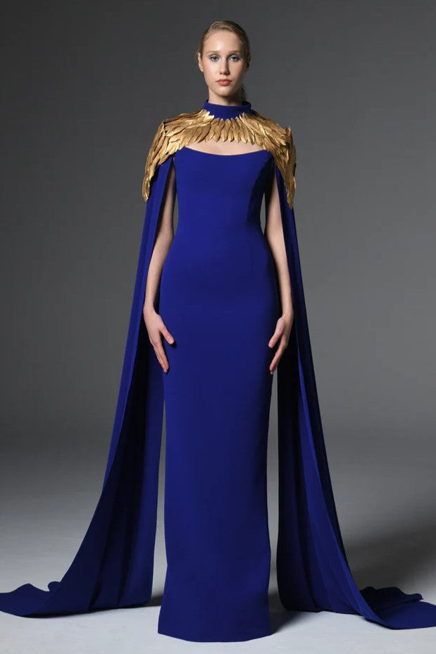 Cr?pe Gown with Gold Feathers