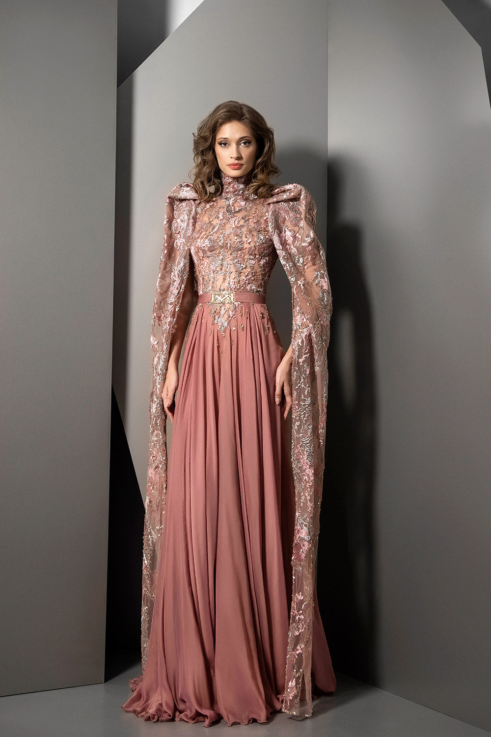 Long Cape Sleeve Pleated Gown