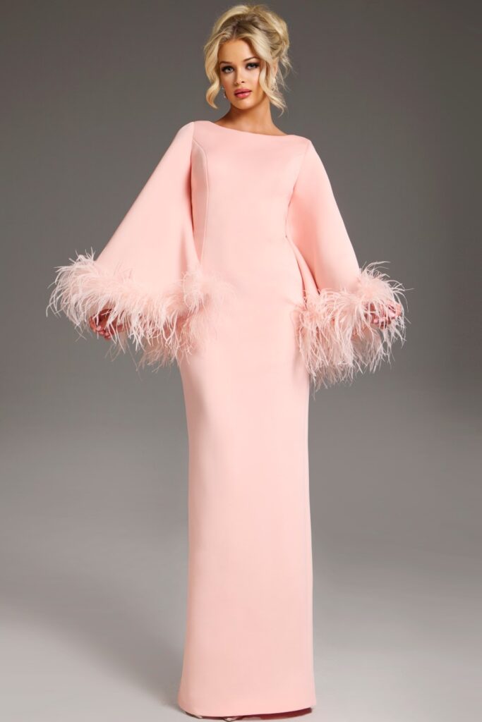 Feather Trim Bell Sleeve Gown