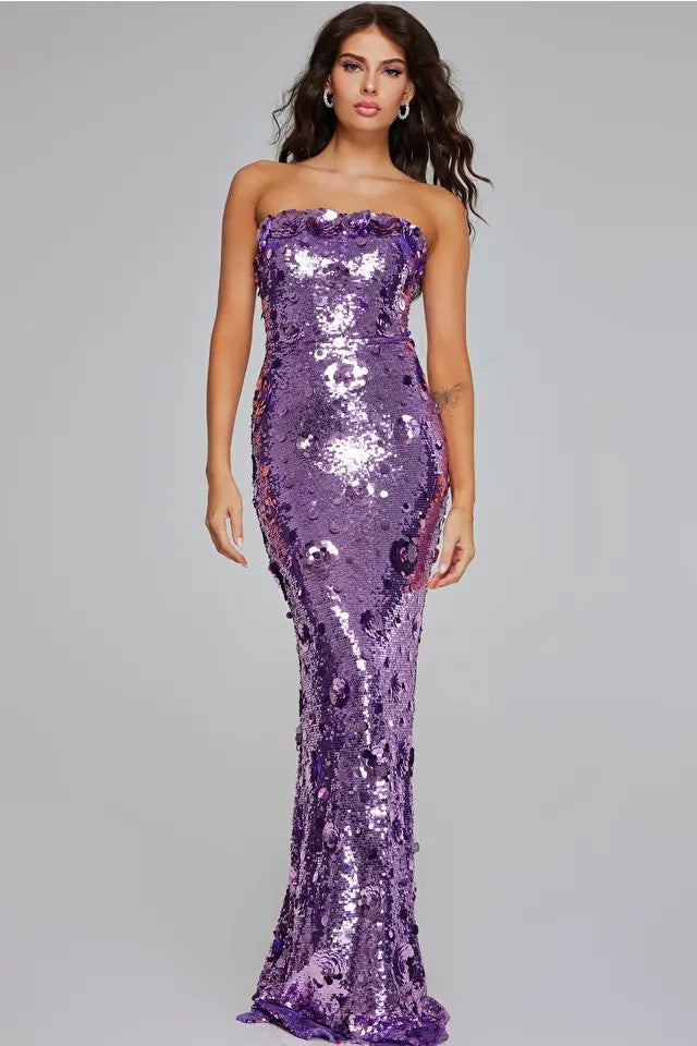Sequin Strapless Gown with Floral Accents