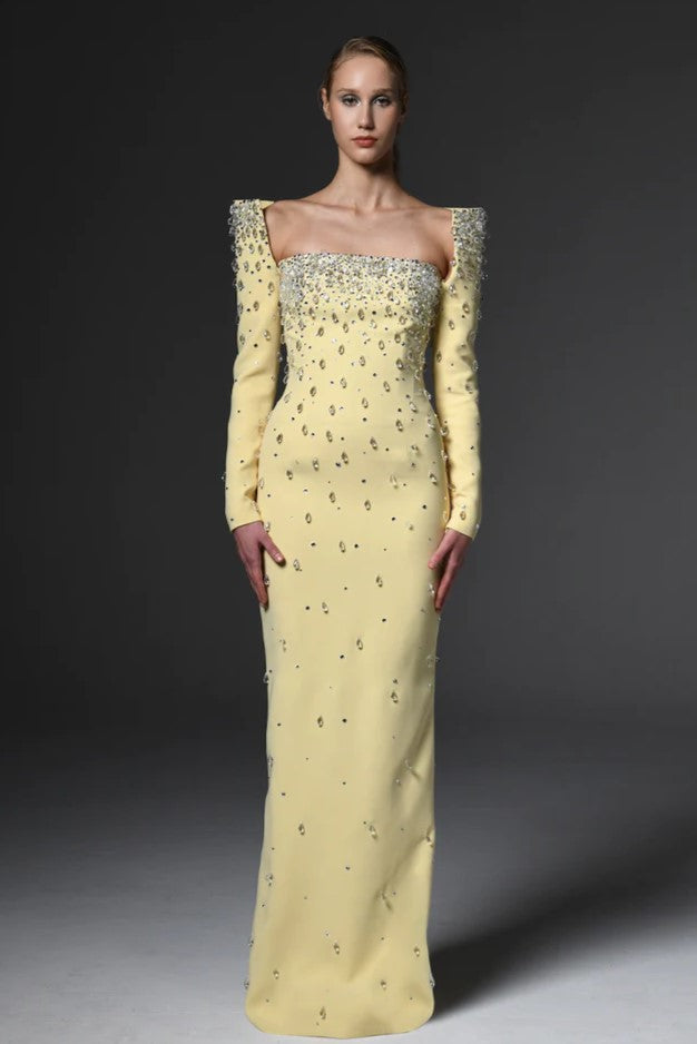 Fully Embroidered Gown with Structured Shoulders