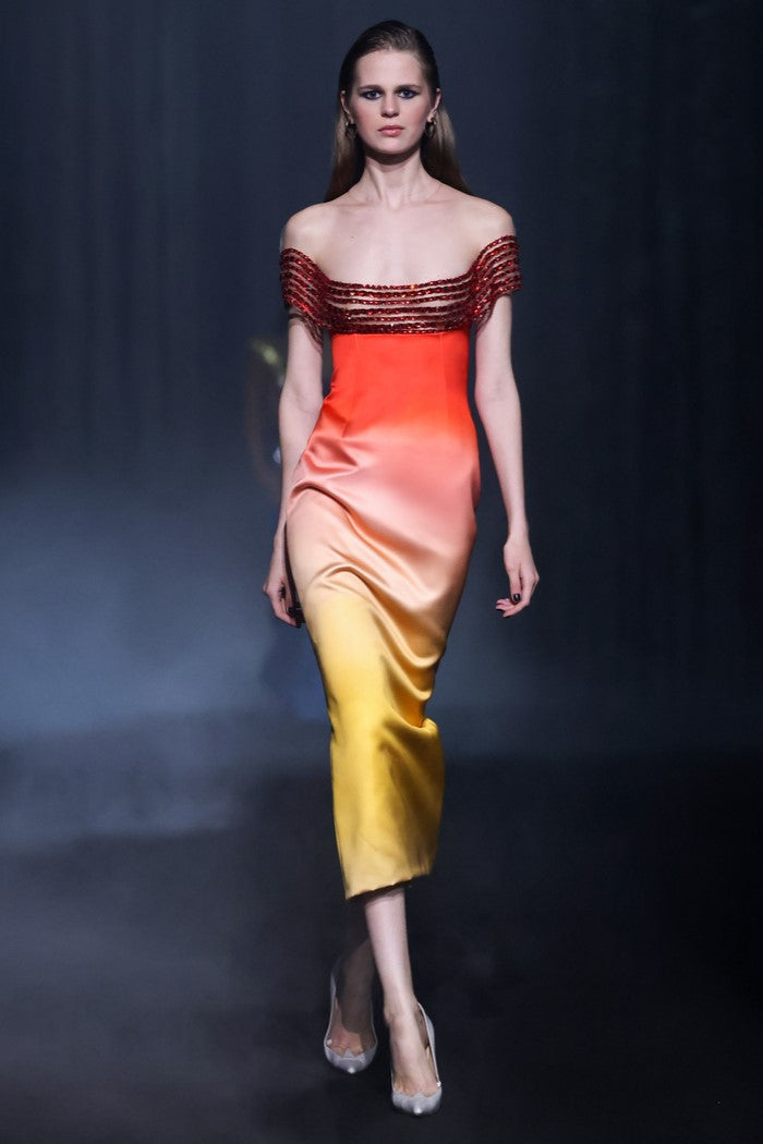 Printed Satin Dress with Beaded Tulle Bust