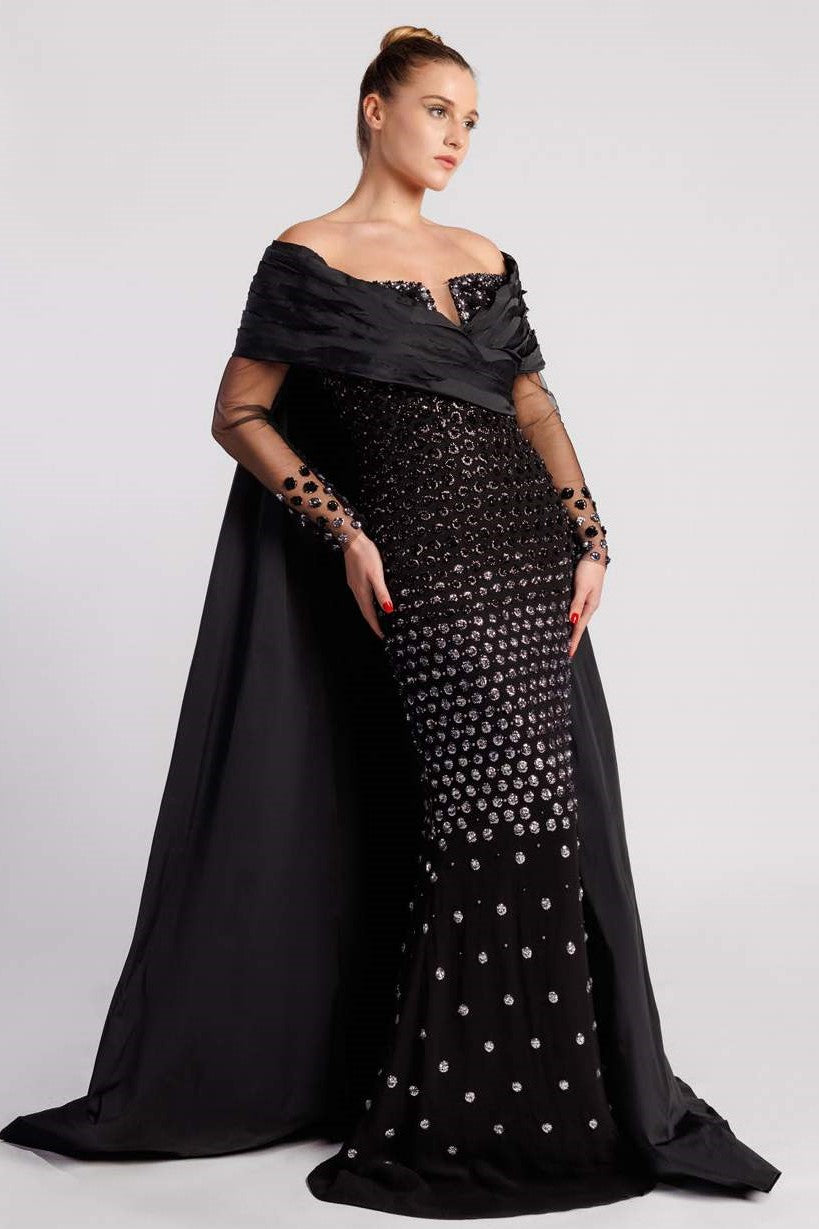 Off Shoulder Embroidered Chiffon Gown