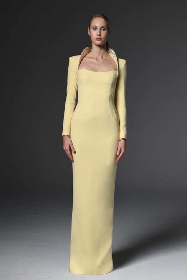 Long Cr?pe Gown with Embroidered Collar