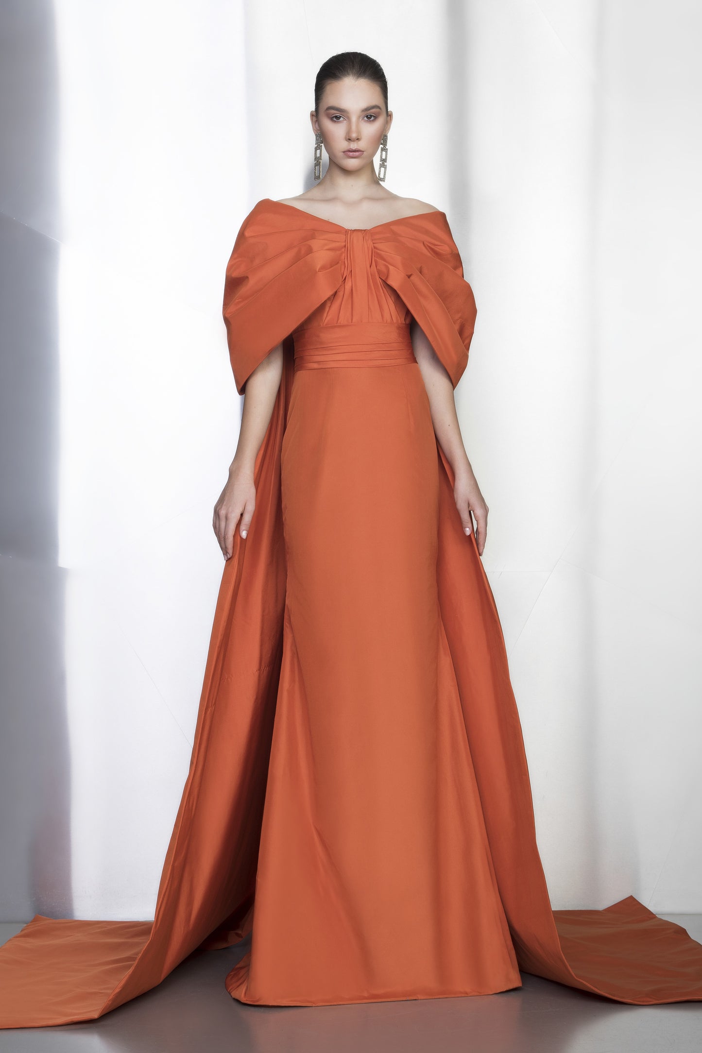 Off Shoulder Draped Cape Gown