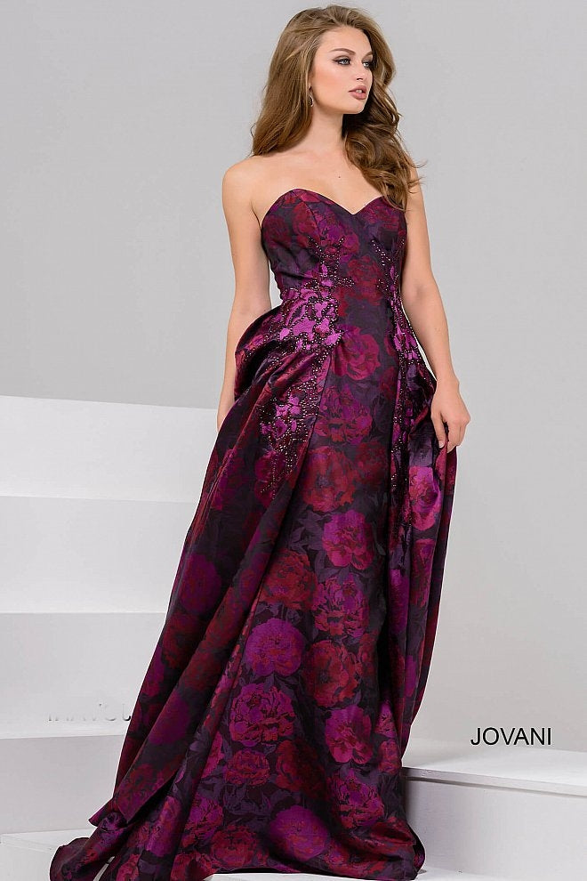 Strapless Column Evening Gown w/ Over Skirt
