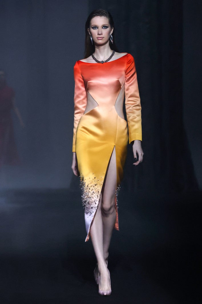 Printed Satin Dress with Side Cut