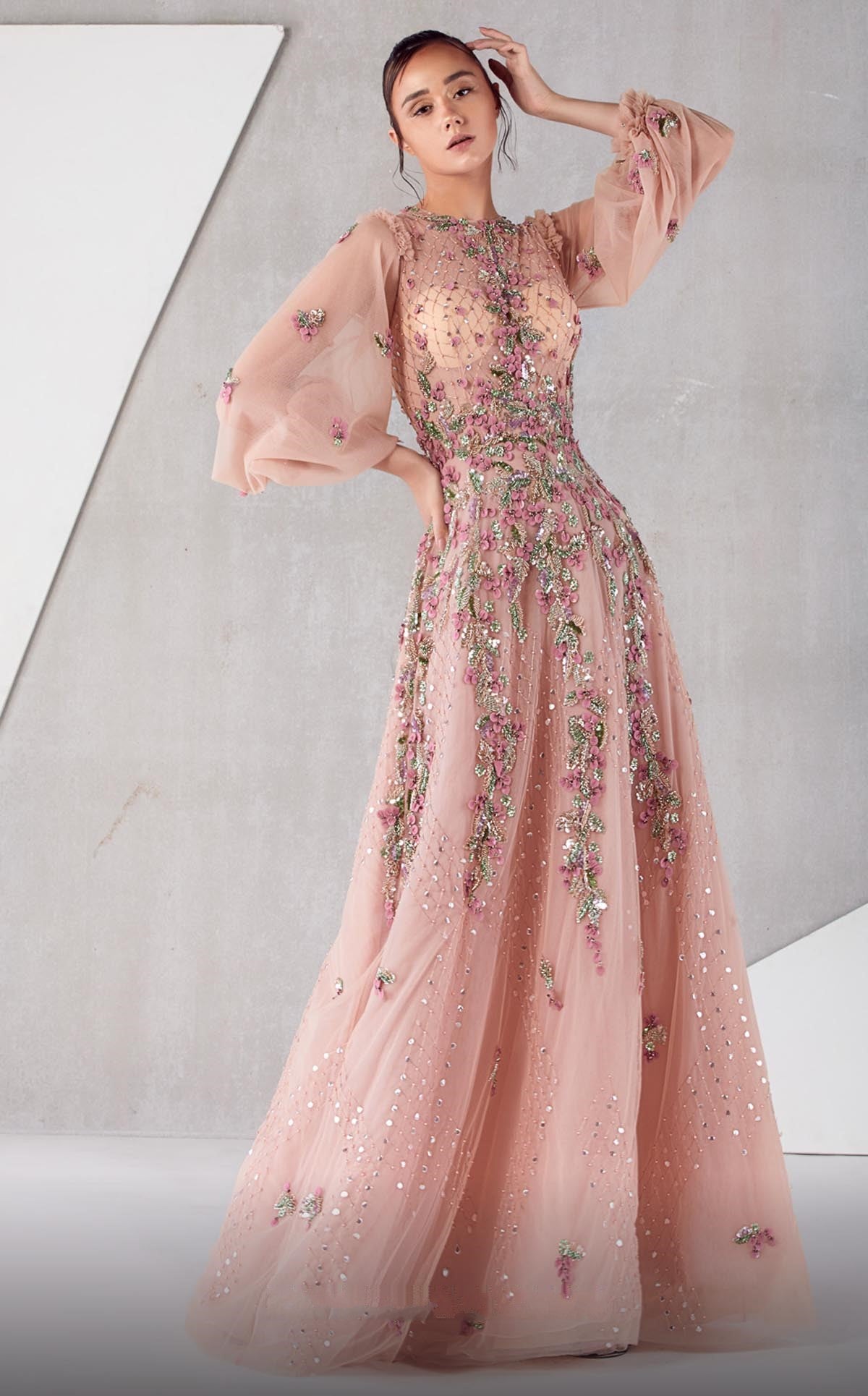 ¾ Blouson Sleeve Embellished A-Line Gown