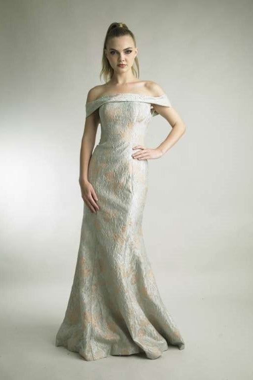 Off Shoulder Jacquard Print Gown