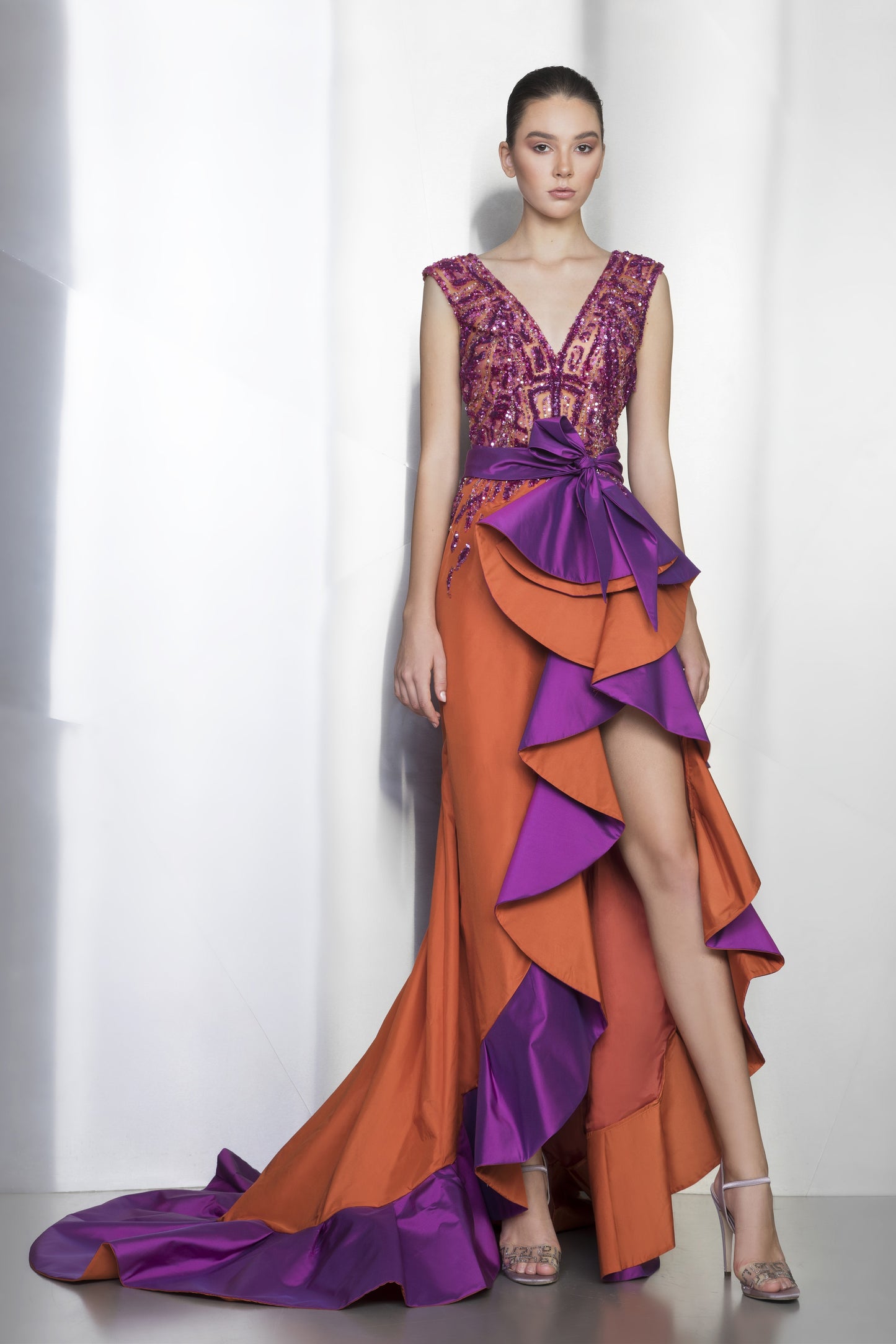 Beaded Cascade Ruffle Gown