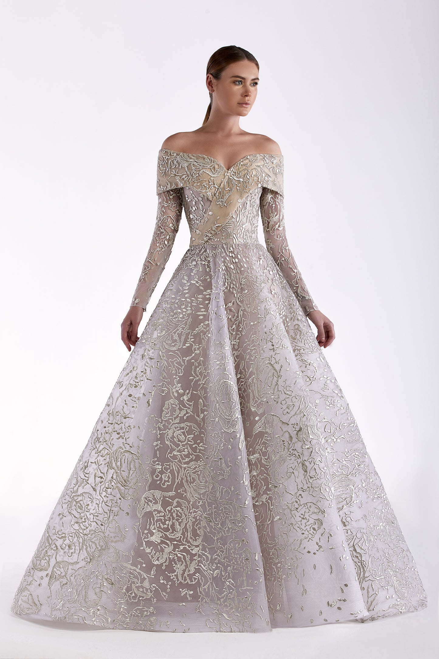 Off Shoulder Long Sleeve Tulle Gown