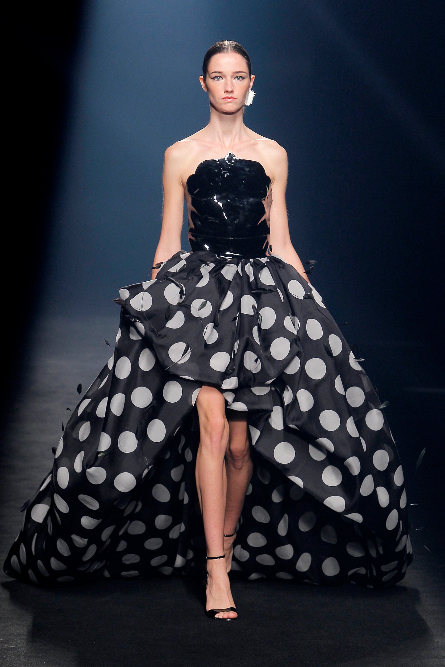 Camini Strapless Polka-Dotted Hi-Lo Gown