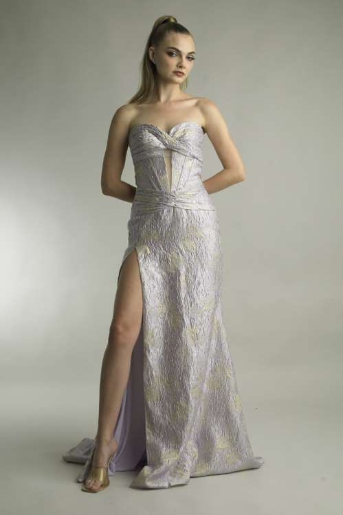 Strapless Jacquard Slit Gown