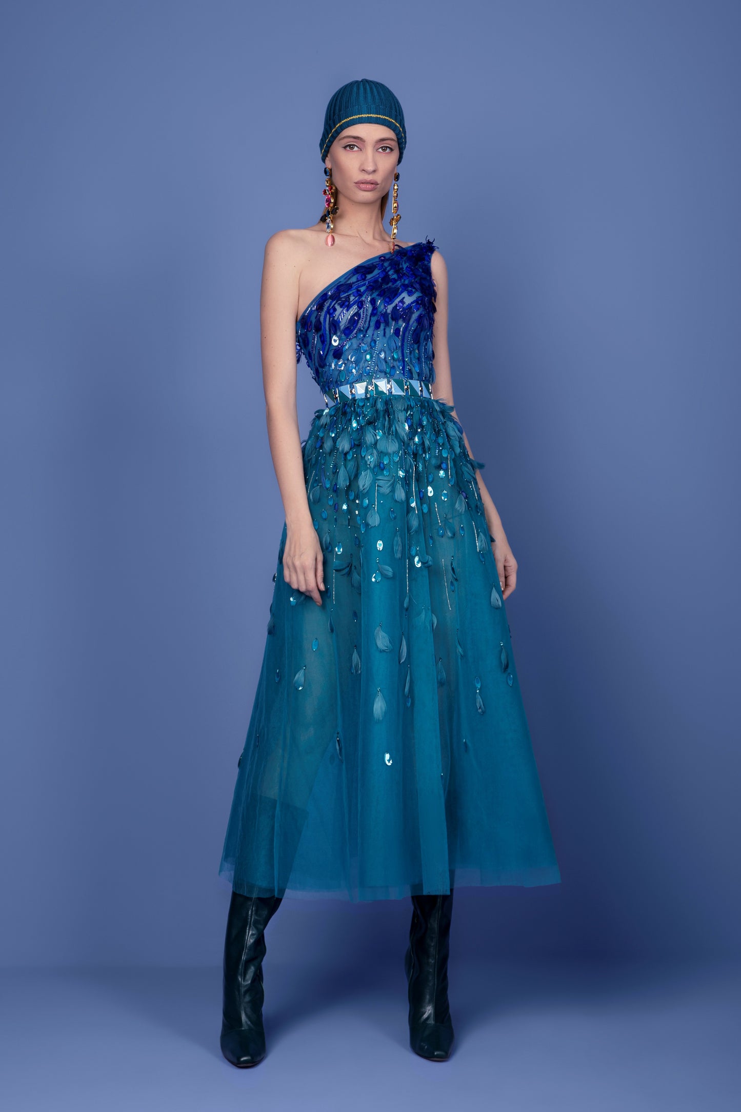 One Shoulder Beaded Tulle Dress