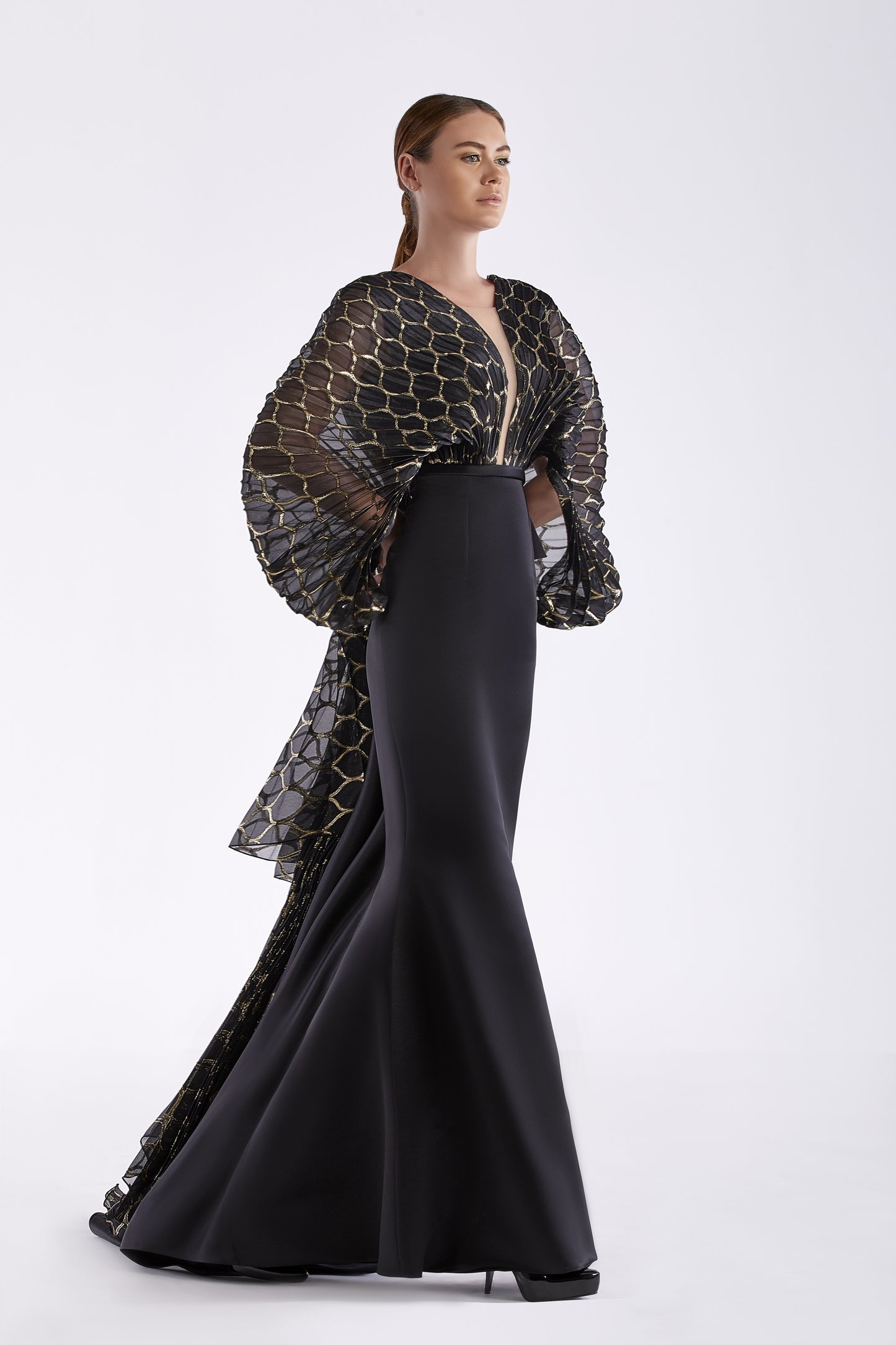 Long Sleeve Satin and Organza Gown